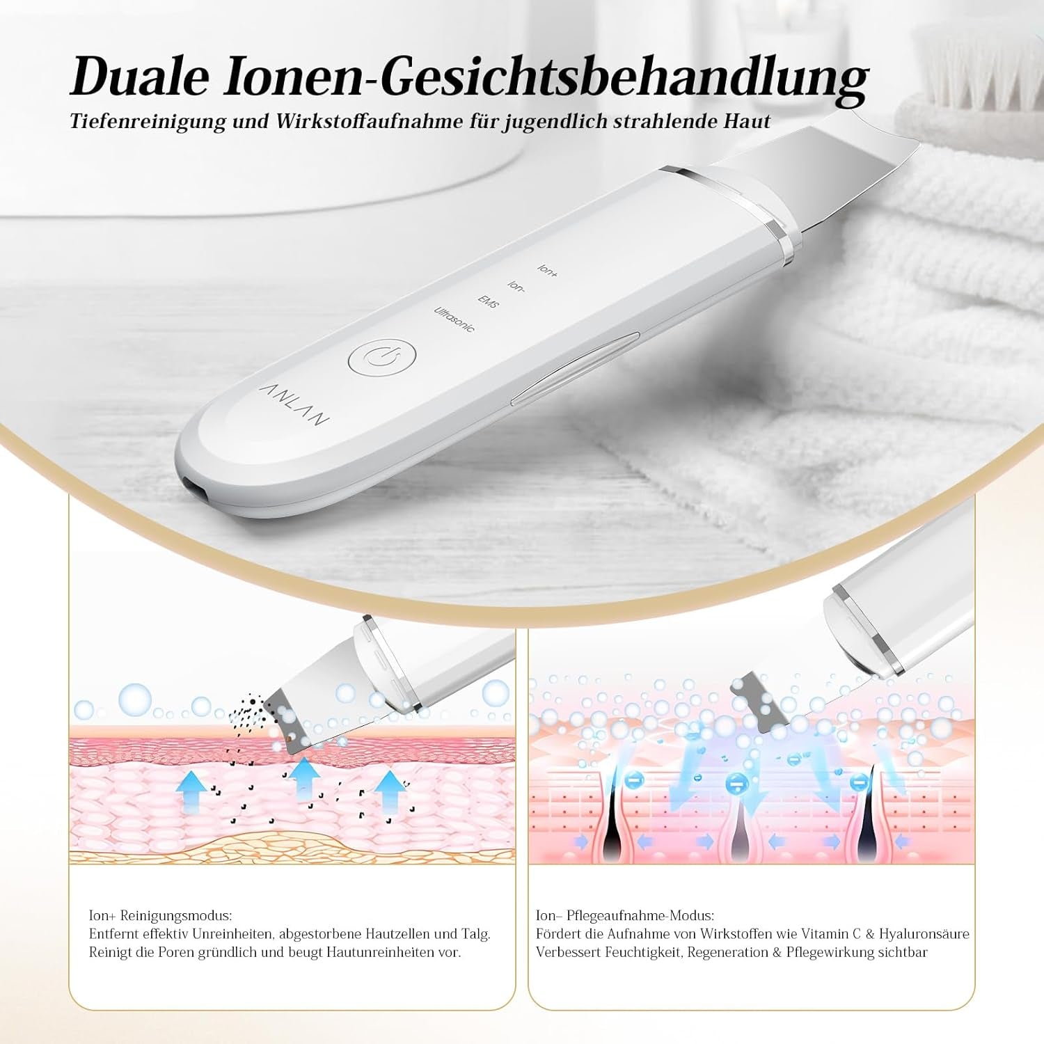 ANLAN Peeling Ultrasónico Facial Skin Scrubber Exfoliación Limpiador De Poros Para Limpieza Y Cuidado (Blanco)